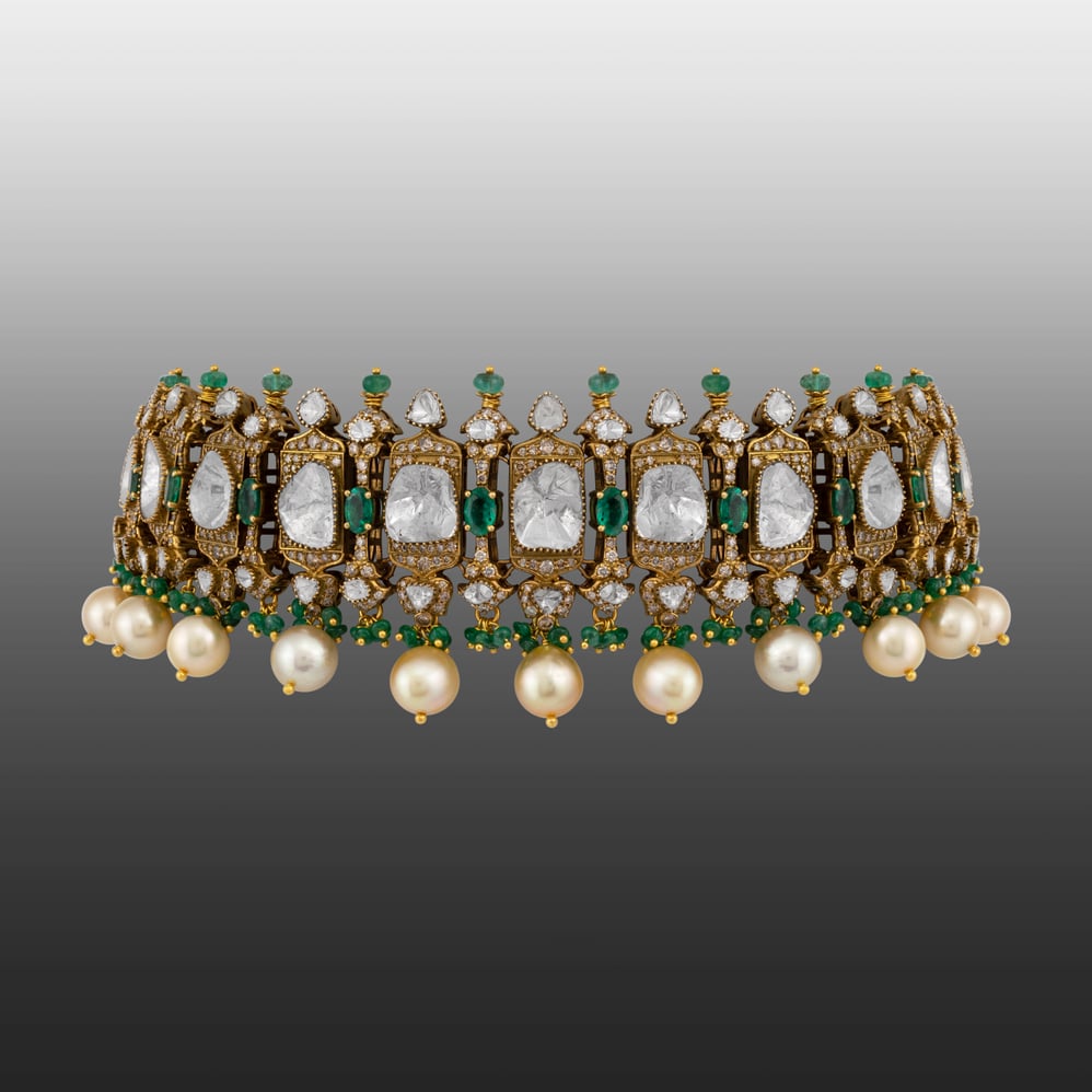 Antique Polki Choker with Emerald and Pearl Fringe